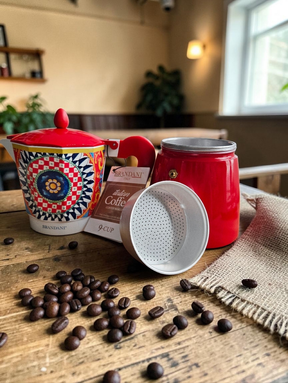 NEW Brandani 9 Cup Espresso Coffee Maker Aluminum Moka Pot Sicilian Pattern Red - Picture 2 of 4